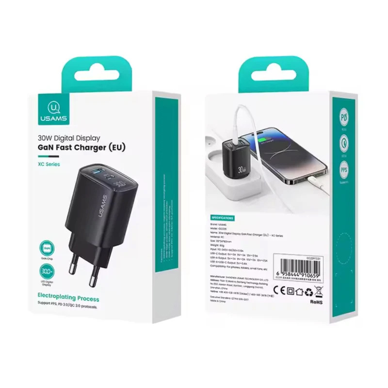 Уценка СЗУ Usams US-CC229 GaN Digital Display XC Ser. 30W (1USB-A/1C)