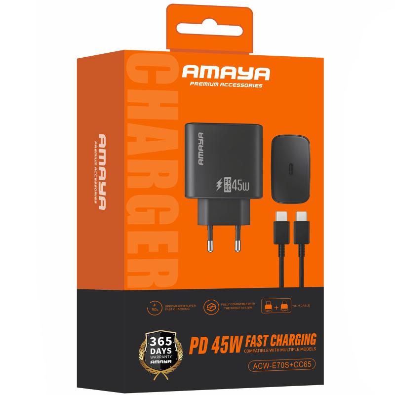 СЗУ Amaya E70S PD45W (1USB-C) + кабель Type-C to Type-C