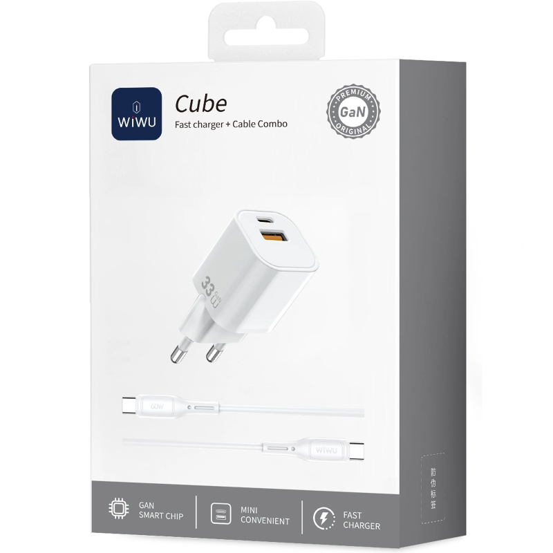 СЗУ WIWU G018 Cube PD33W+QC3.0 GaN (1USB-A/1C) + кабель Type-C to Lightning