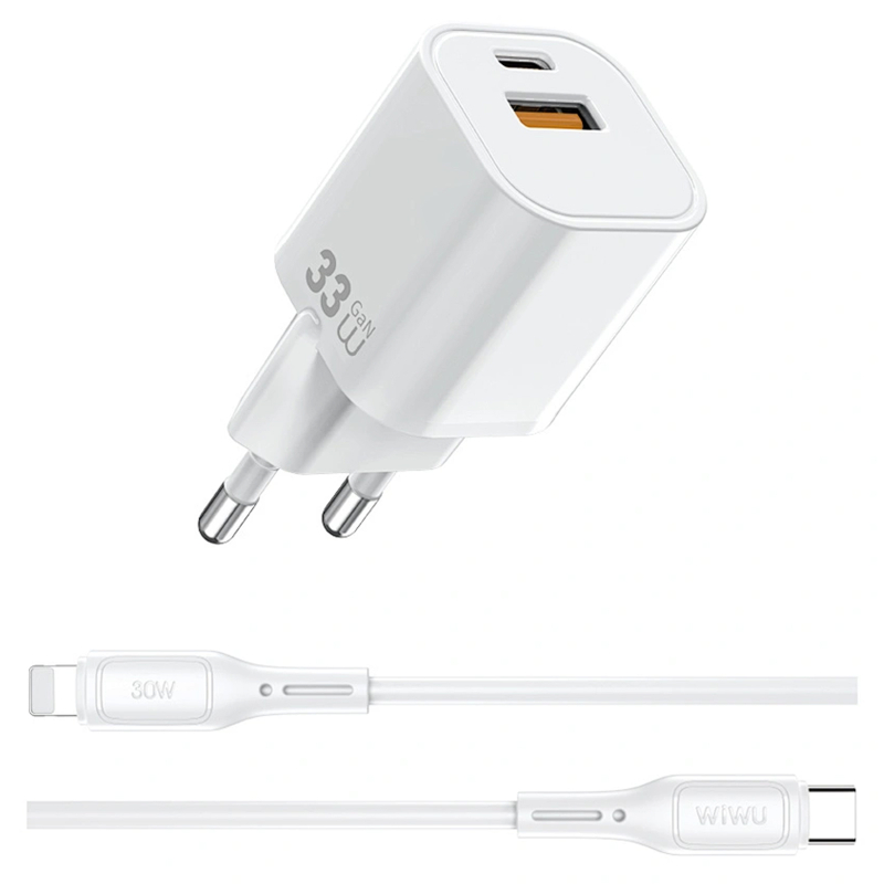 СЗУ WIWU G018 Cube PD33W+QC3.0 GaN (1USB-A/1C) + кабель Type-C to Lightning