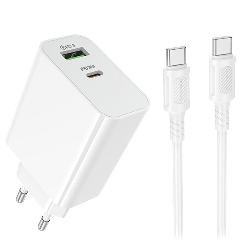 СЗУ Borofone BA108A Stellar PD30W+QC3.0 (1USB-A/1C) + кабель Type-C to Type-C