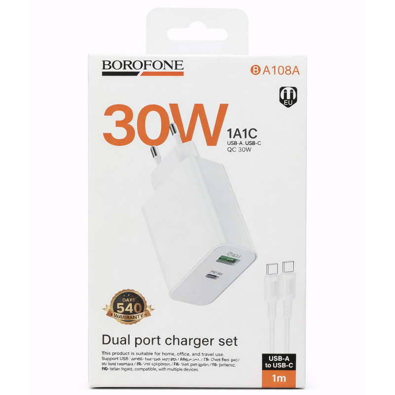 СЗУ Borofone BA108A Stellar PD30W+QC3.0 (1USB-A/1C) + кабель Type-C to Type-C