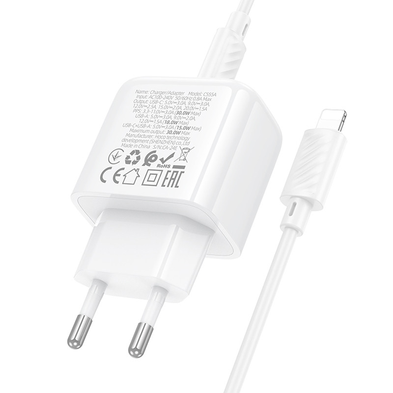 СЗУ Hoco CS55A Surplus PD30W+QC3.0 (1USB-A/1C) + кабель Type-C to Lightning
