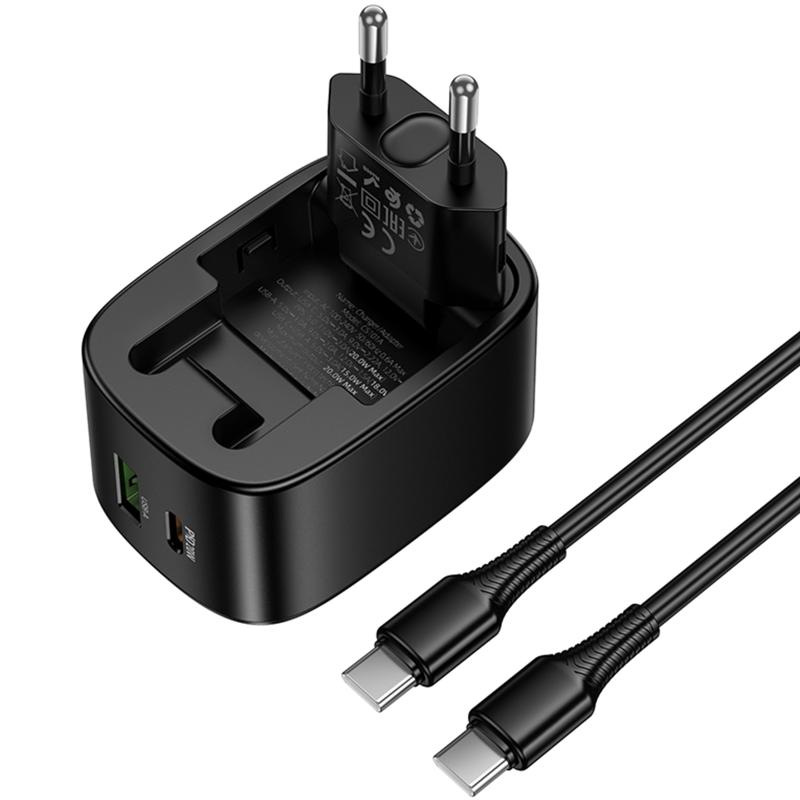 СЗУ Hoco CS102A Folding PD30W+QC3.0 (1USB-A/1C) + кабель Type-C to Type-C