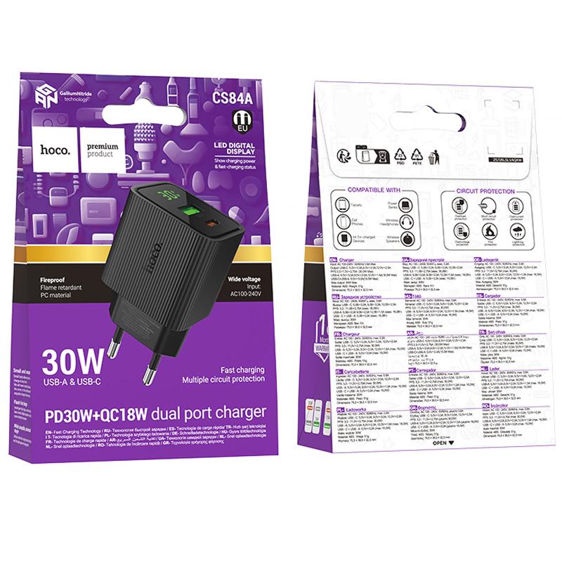 Уценка СЗУ Hoco CS84A Excellent with digital display PD30W+QC3.0 (1USB-A/1C)
